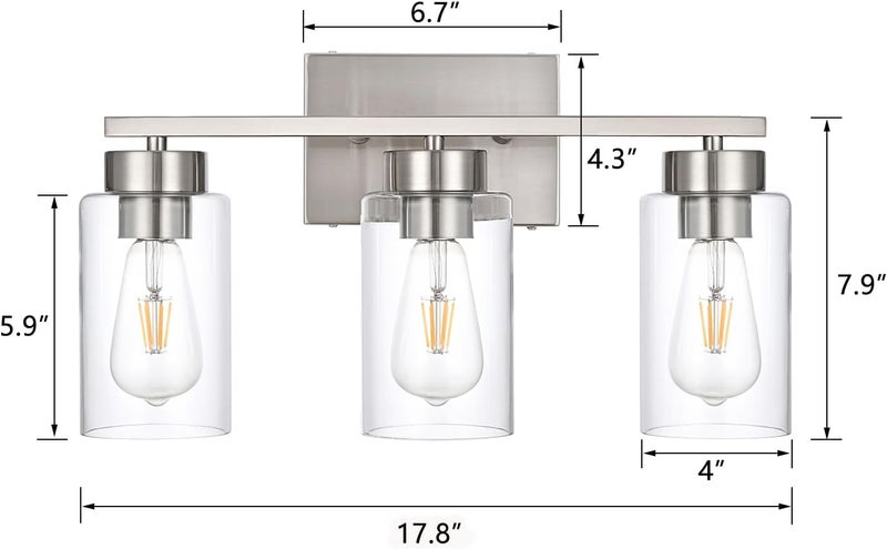 A1A9 3-Light Bathroom Vanity Light, Modern Brushed Nickel Wall Lights with Clear Glass Shades, Bathroom Wall Sconce Lamp for Mirror Living Room Bedroom Hallway - Image 3